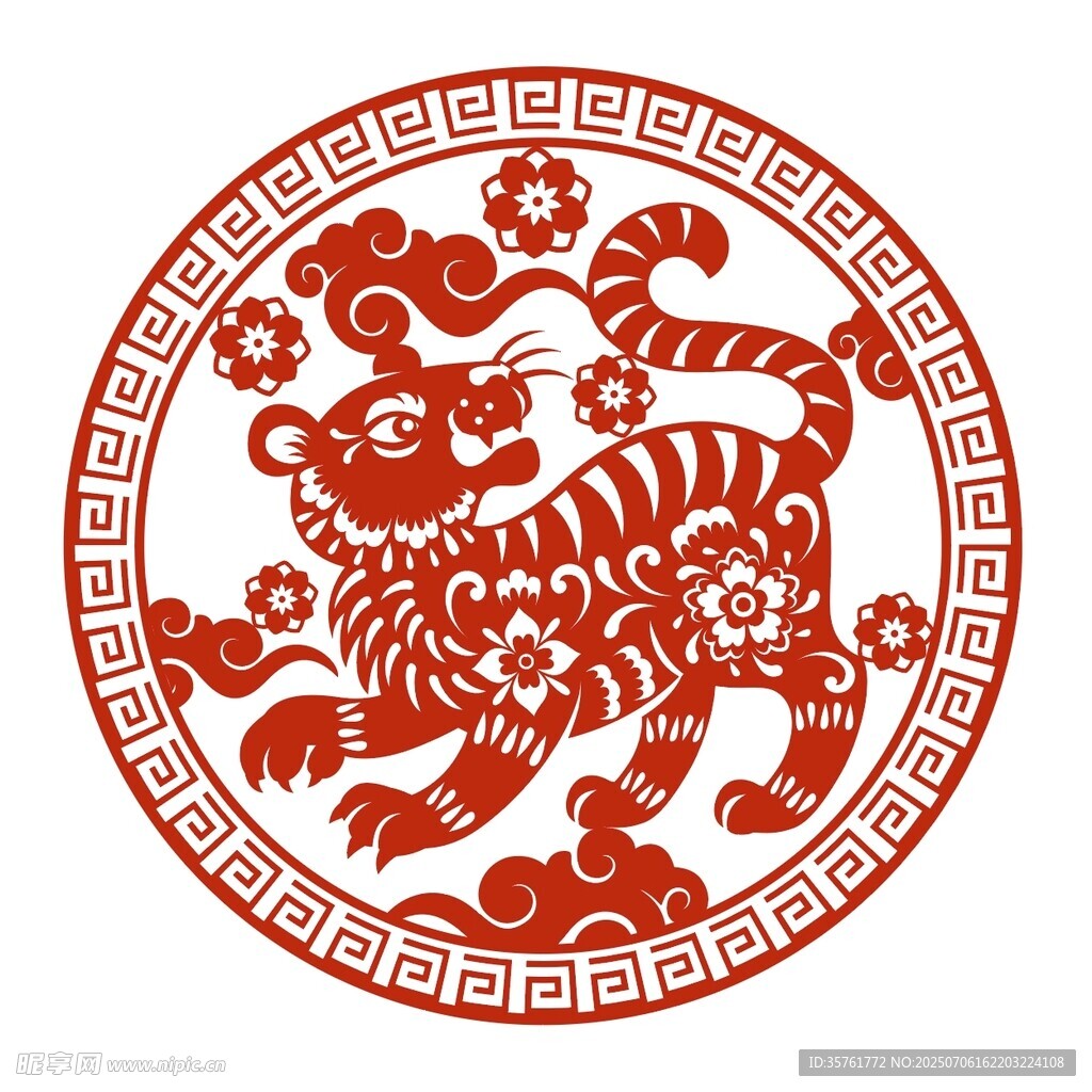 圆形剪纸风瑞兽图案