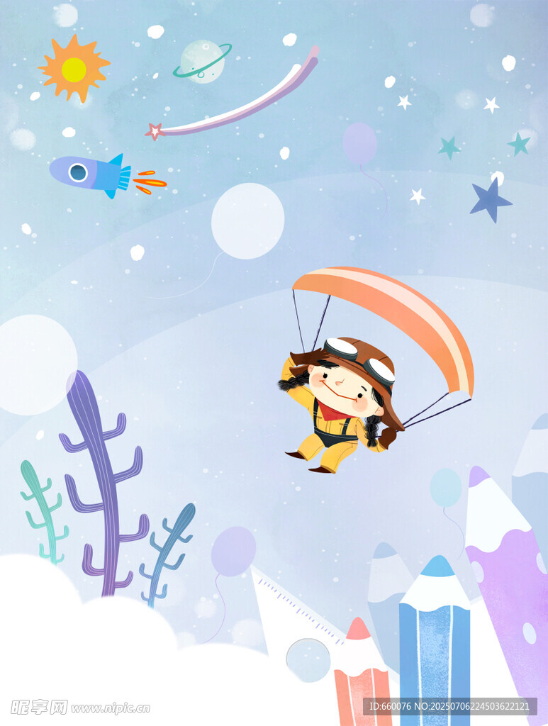 卡通小孩撑伞空中欢乐飞行