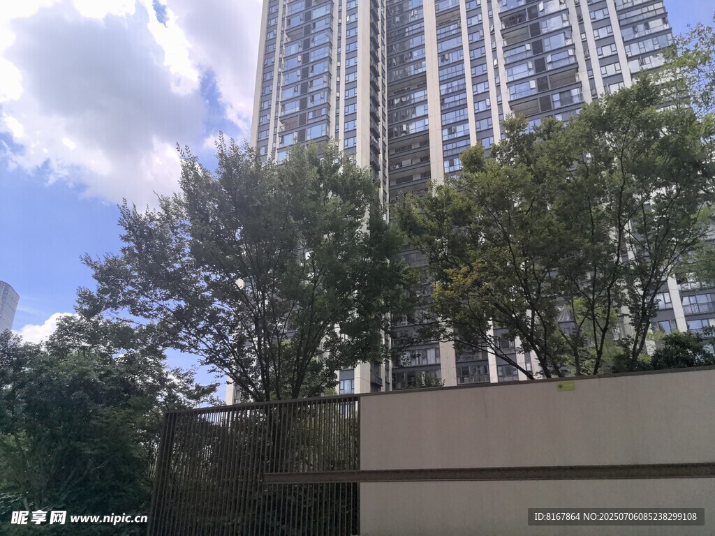 高楼旁绿树环绕的景致