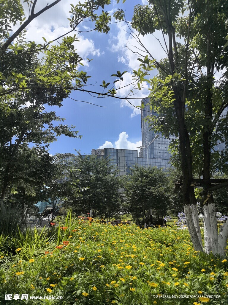 绿树繁花间的城市远景