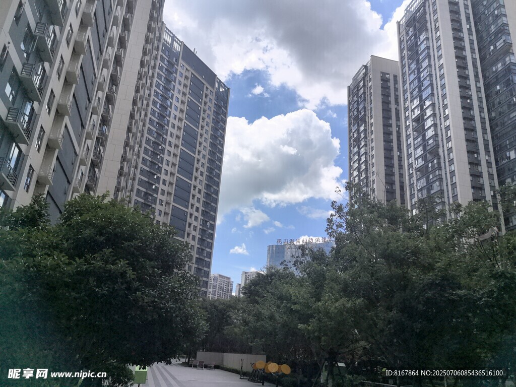城市高楼间的绿树蓝天