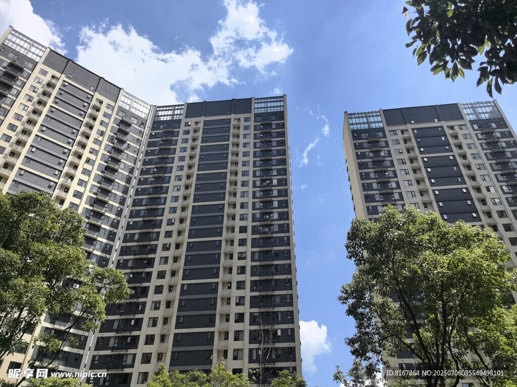 高层住宅楼与绿树景观