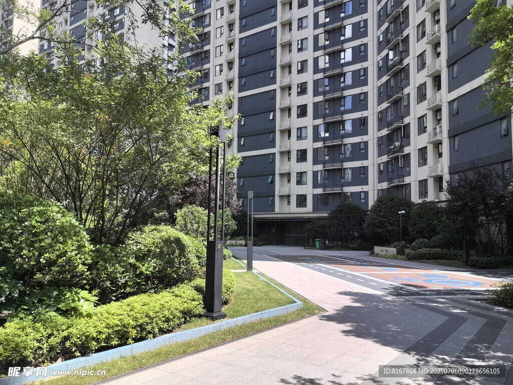 现代小区景观道路与绿植