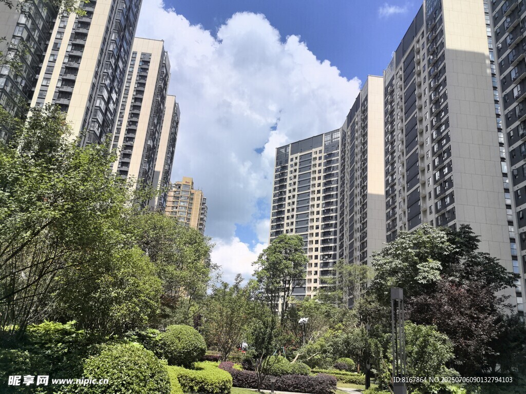 城市高楼间的绿植景观