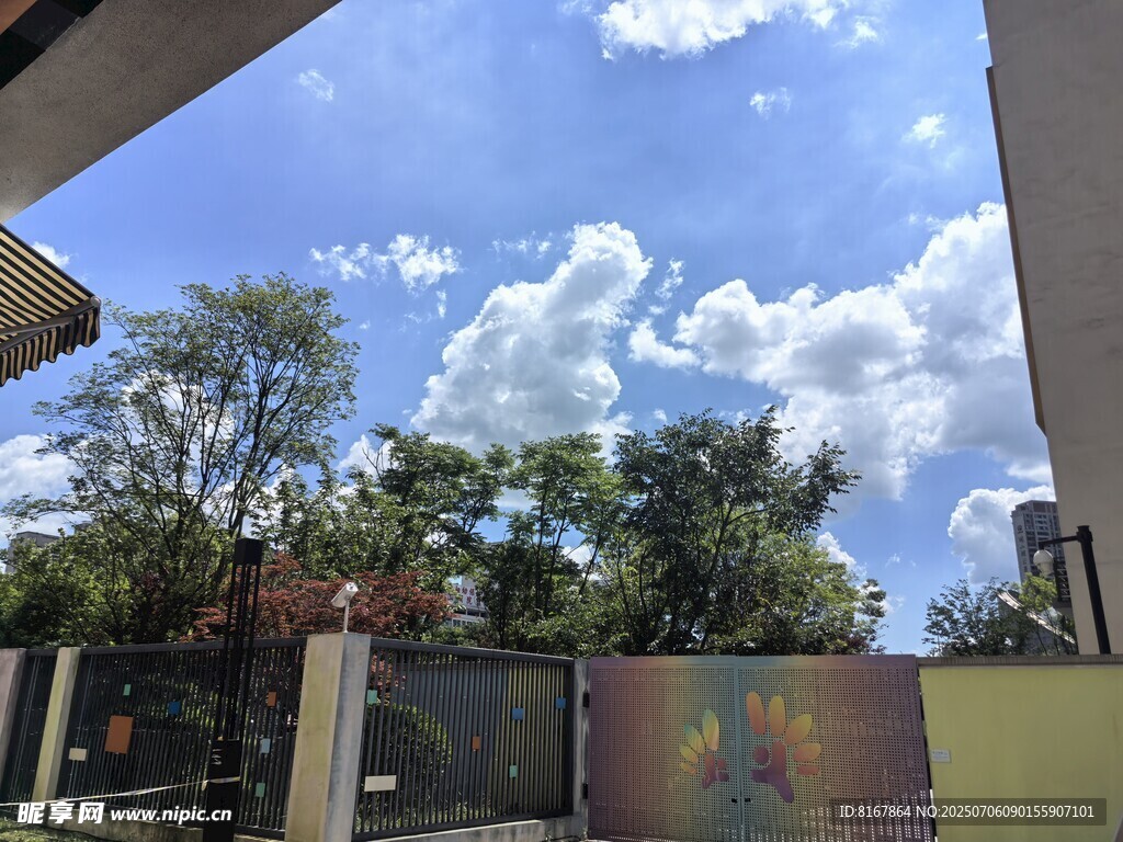 户外蓝天白云绿树景致