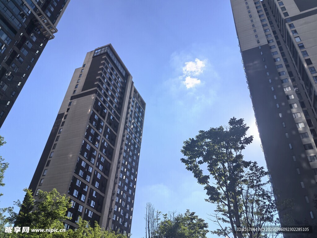 高楼林立间的蓝天绿树