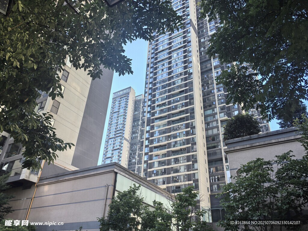 高楼林立于绿树环绕间