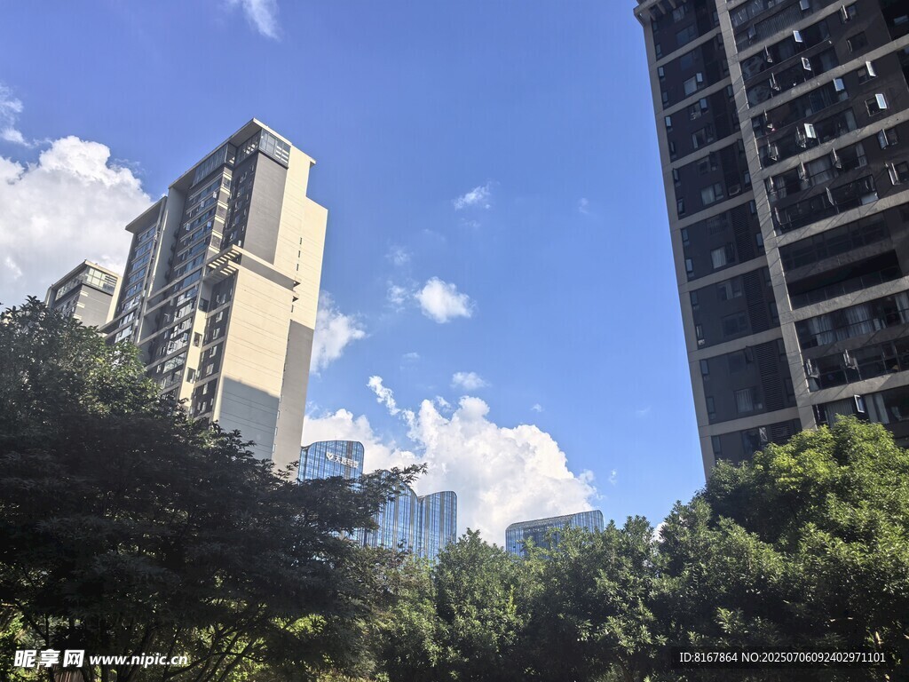 城市高楼与绿树蓝天