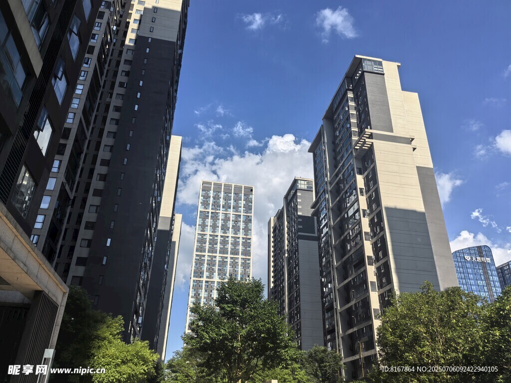 城市高楼与蓝天绿树景观