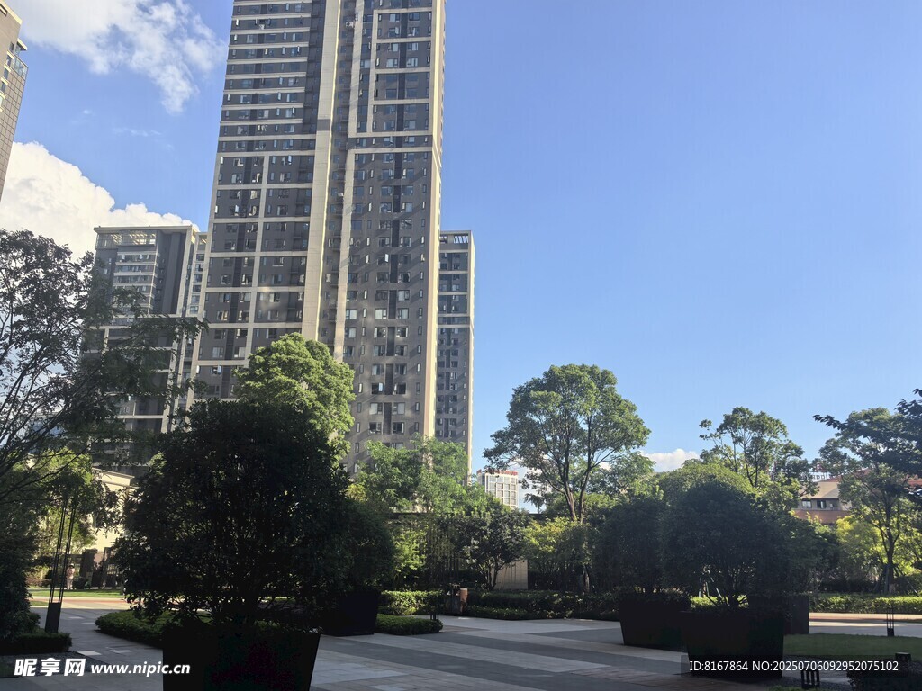城市高楼旁的绿植景观