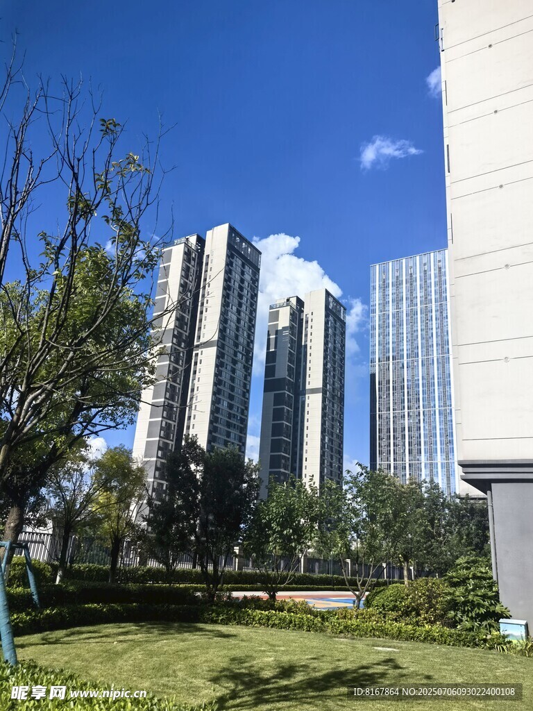 城市高楼旁的绿地景观