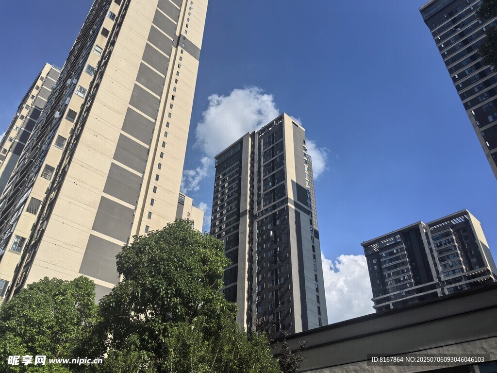 城市高楼与蓝天绿树景观