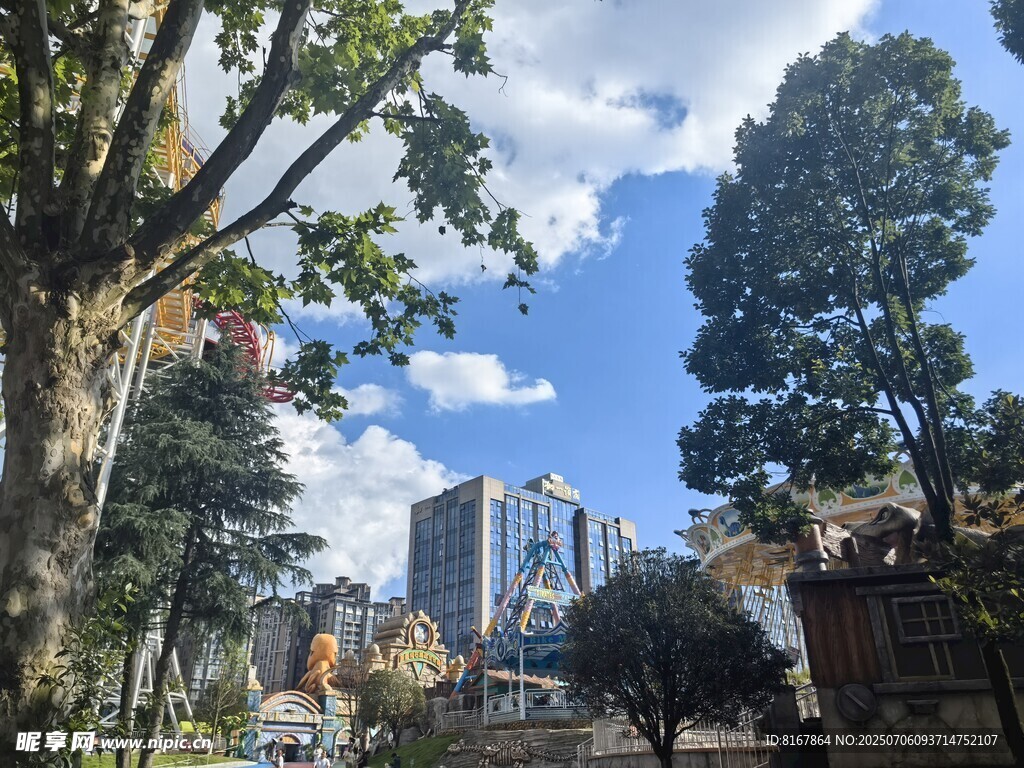 城市绿荫下的建筑风景