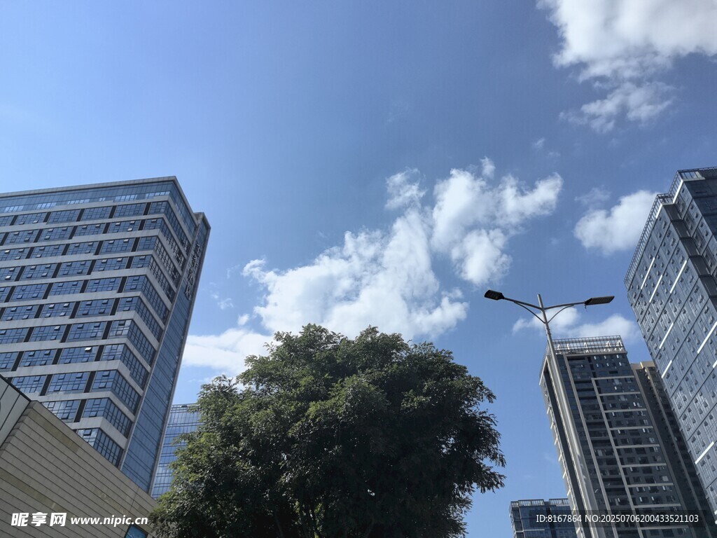 城市高楼与绿树蓝天白云