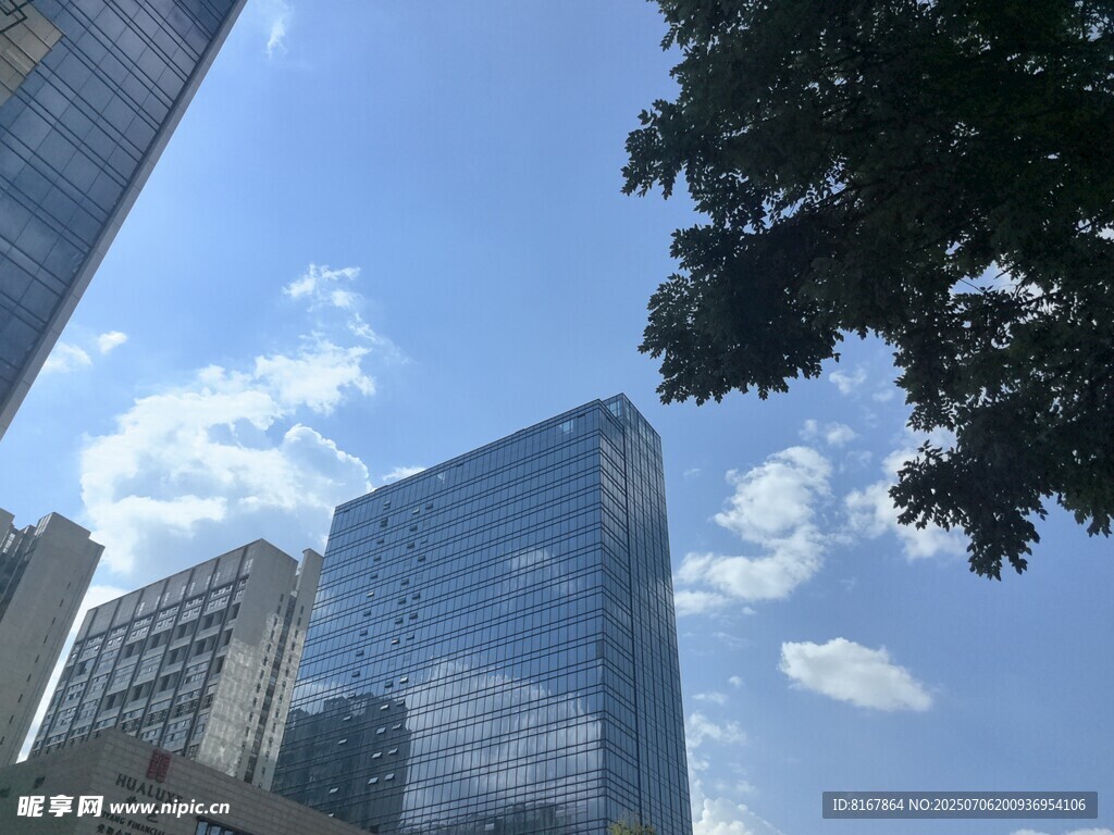 城市高楼与蓝天绿树景观