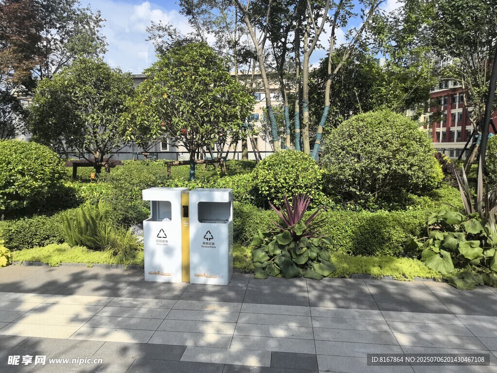 城市街边的绿植与垃圾桶