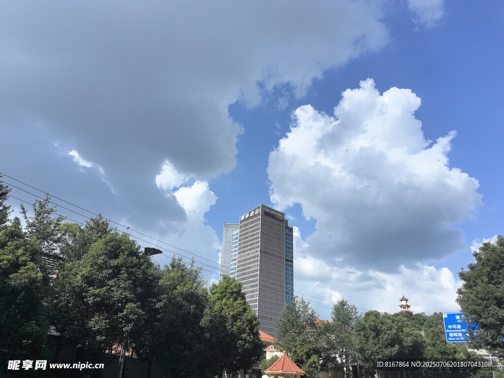 高楼矗立在绿树蓝天间
