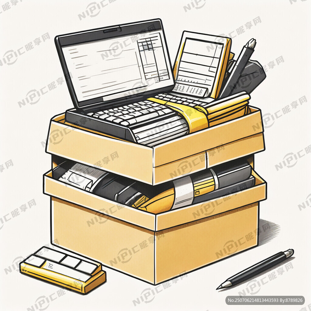 简笔画黄色纸盒里装满办公用品