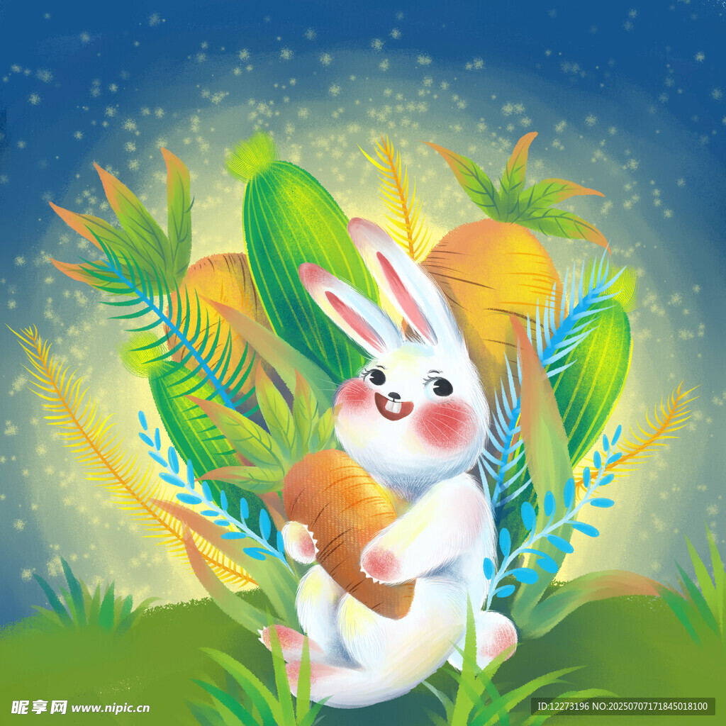 可爱白兔抱蘑菇于绿植间