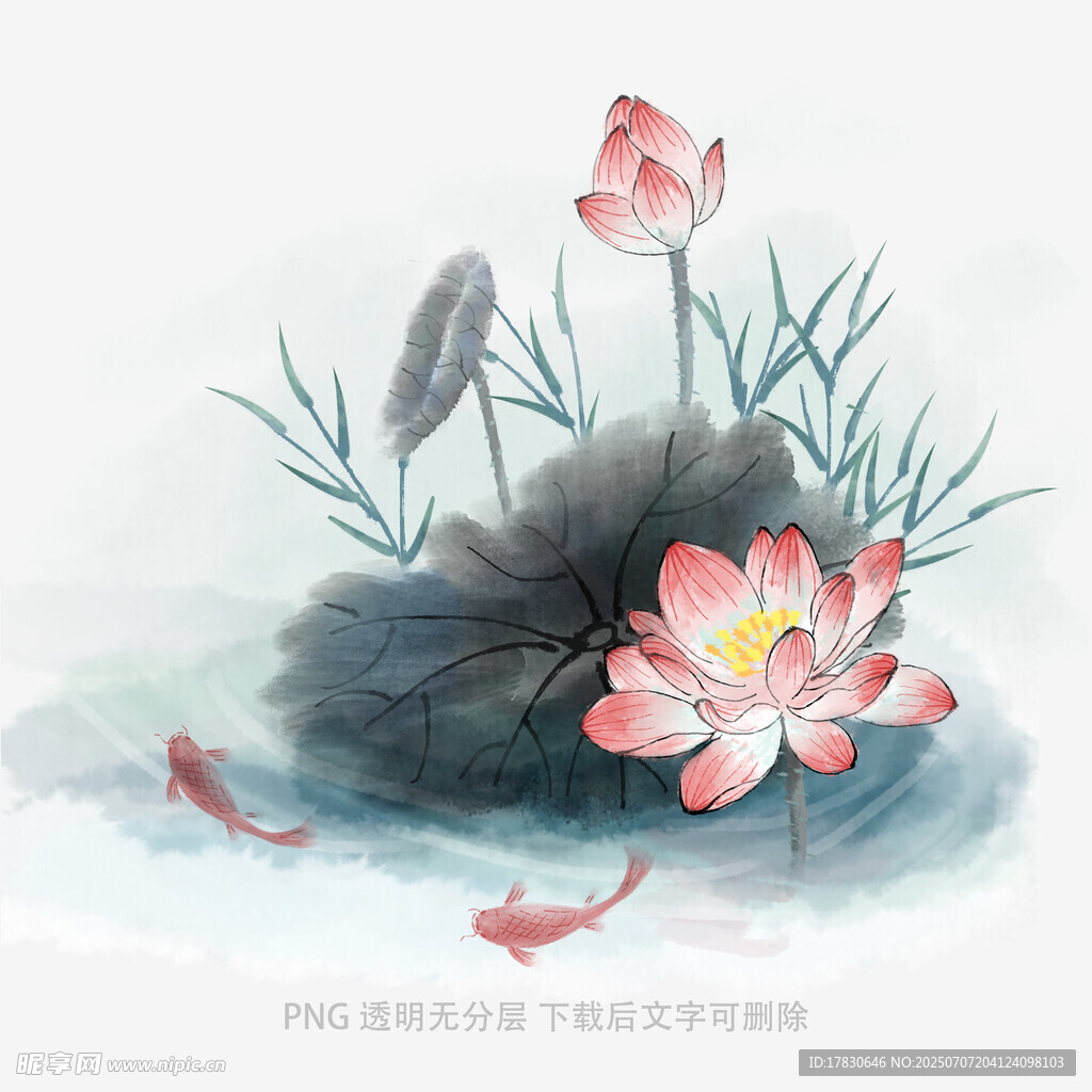 水墨荷花游鱼图