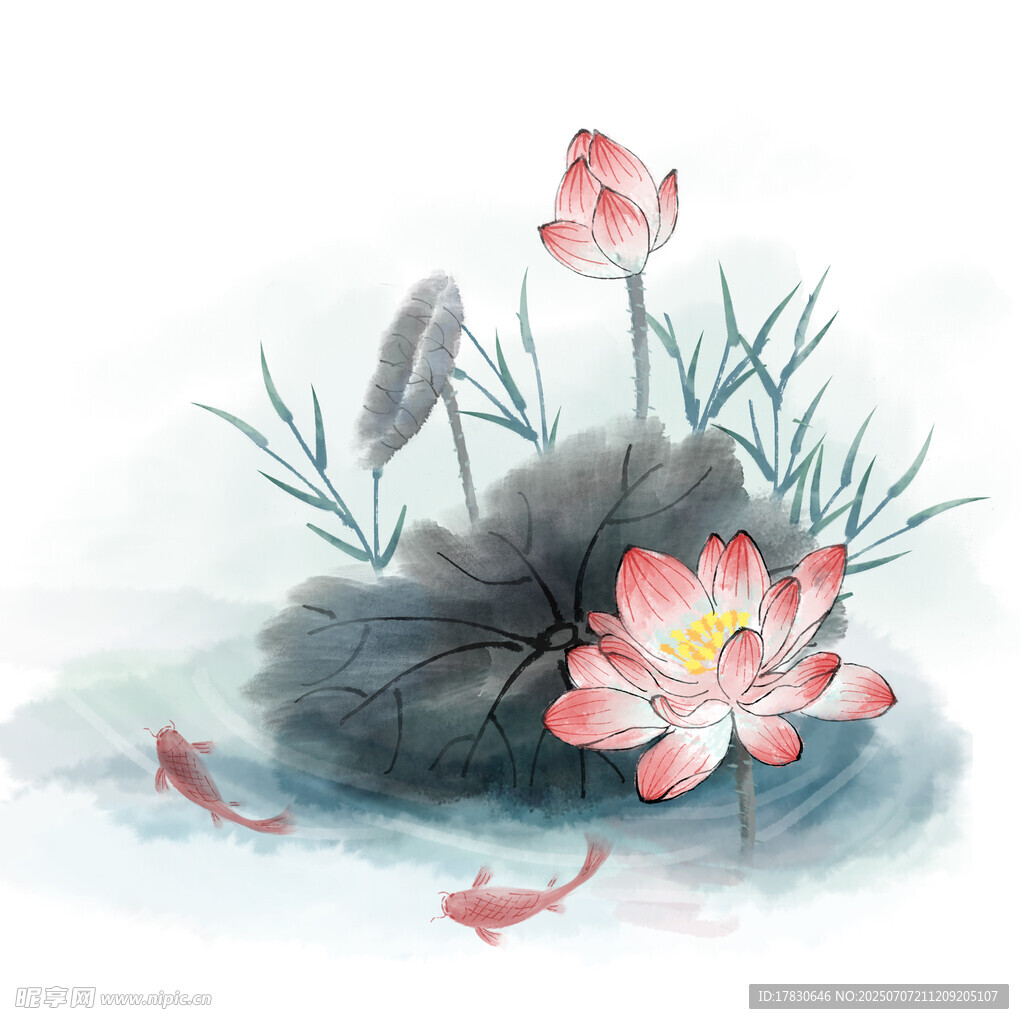 水墨荷花游鱼图