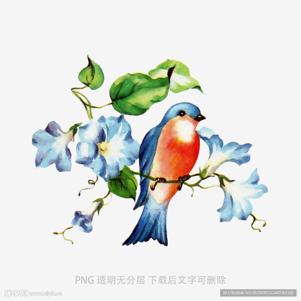 蓝鸟栖于繁花绿叶间