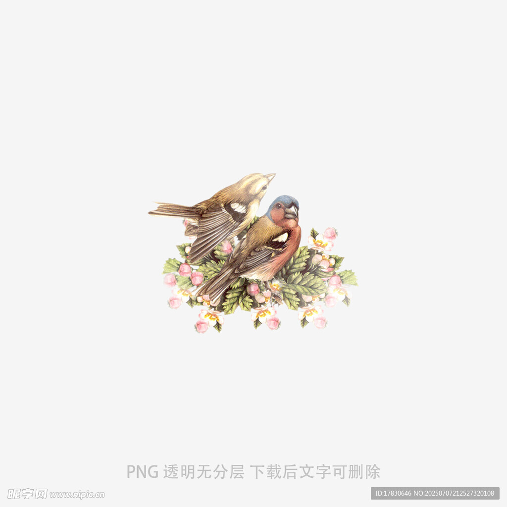 两只小鸟栖于花丛间