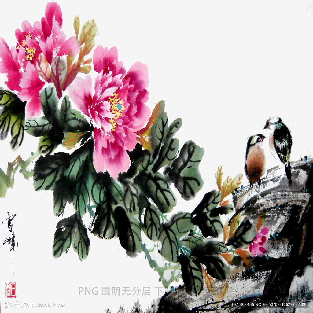 国画牡丹旁的灵动鸟儿