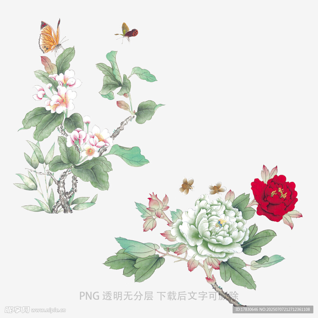 中式花卉蝴蝶手绘图案