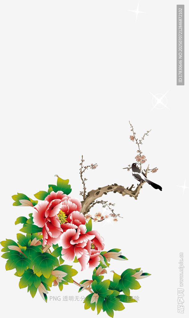 枝头牡丹与飞鸟