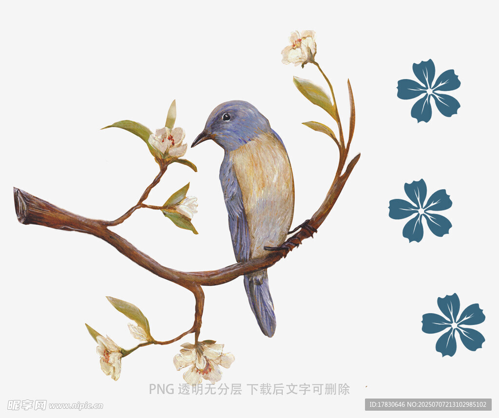 枝头蓝鸟伴花装饰画