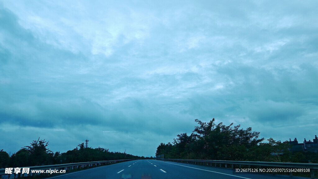 公路上的阴沉天空与树木