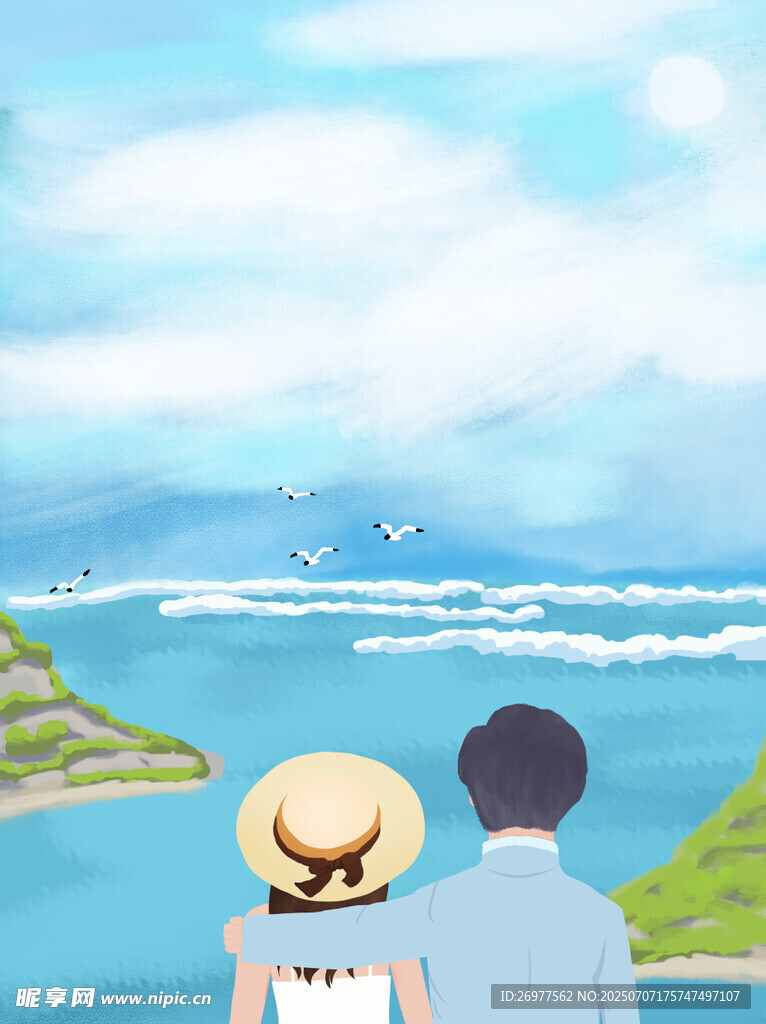 情侣海边赏景背影