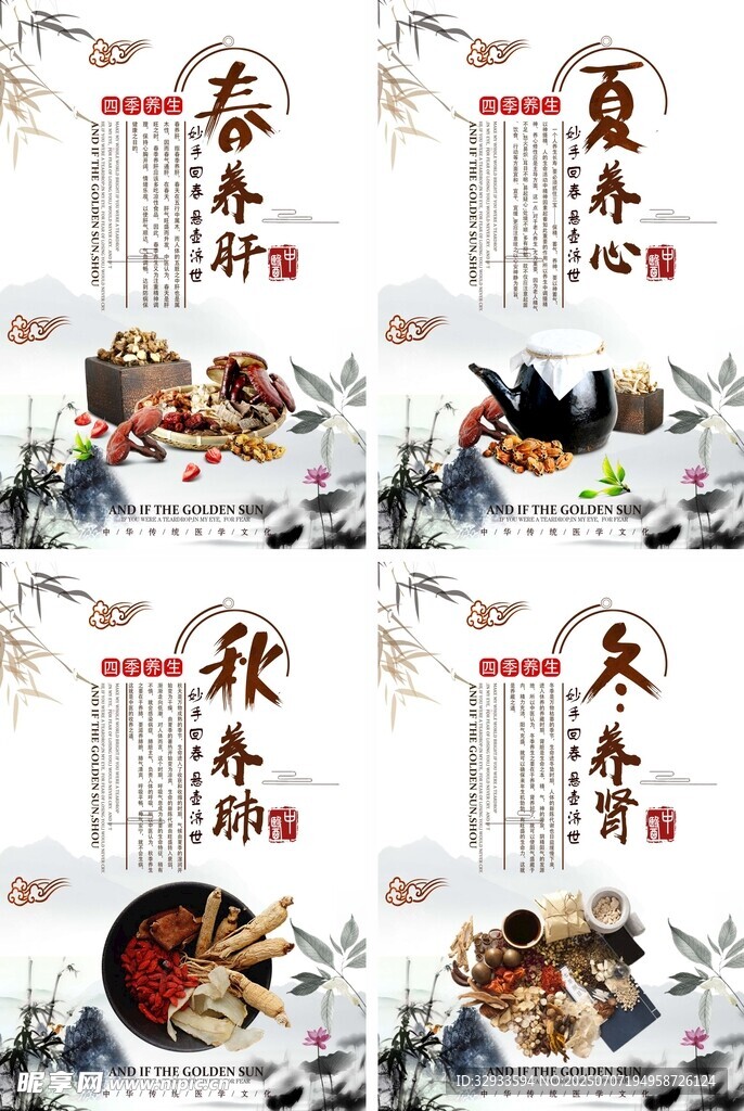 中国风水墨中医四季养生文化展板