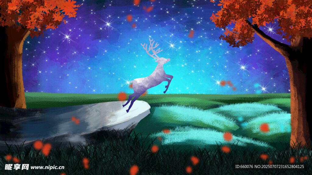 梦幻星空下的奇幻小鹿