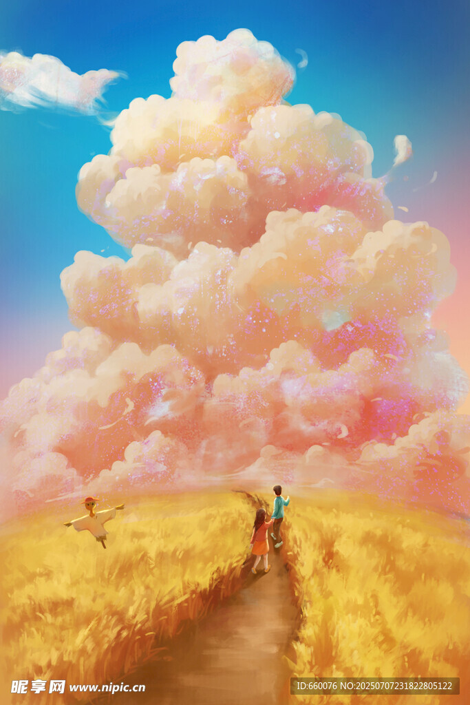 漫步金色田野上的梦幻云景