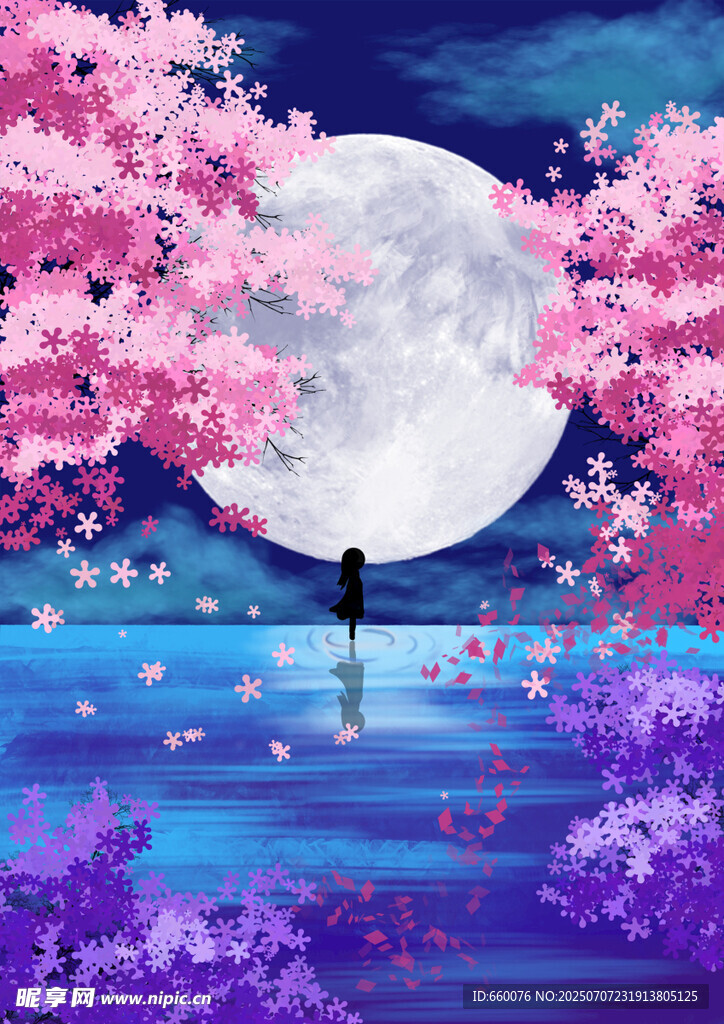 月夜樱花下的孤独身影