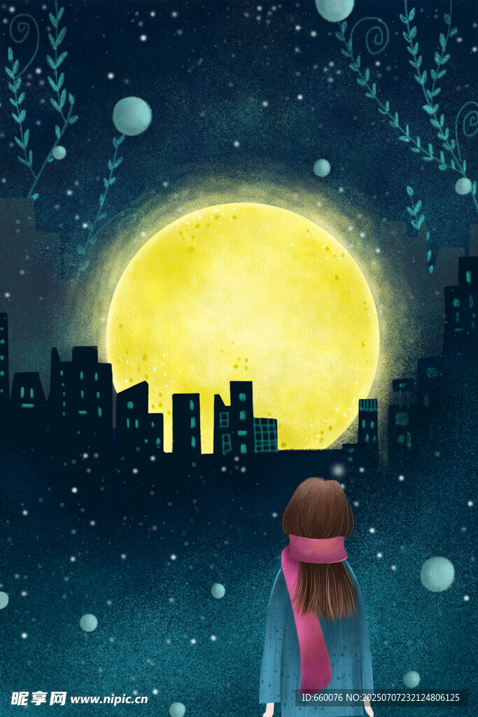 女孩月夜下眺望城市