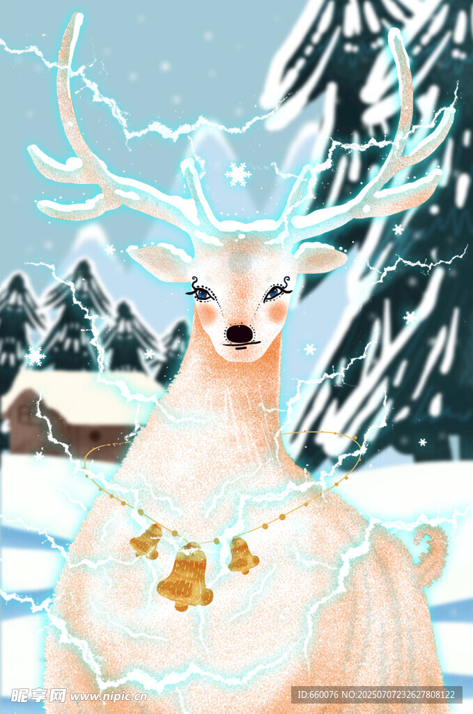 梦幻冰雪驯鹿插画