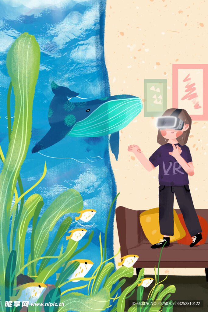 男孩戴VR体验海底世界