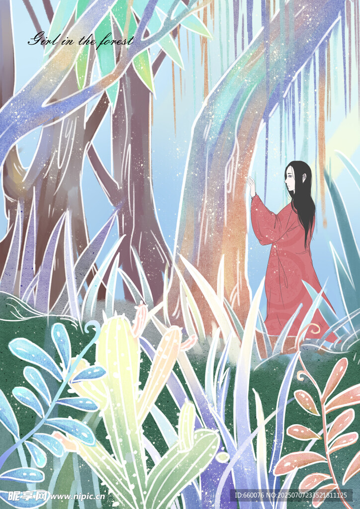 森林中红衣女子的梦幻场景