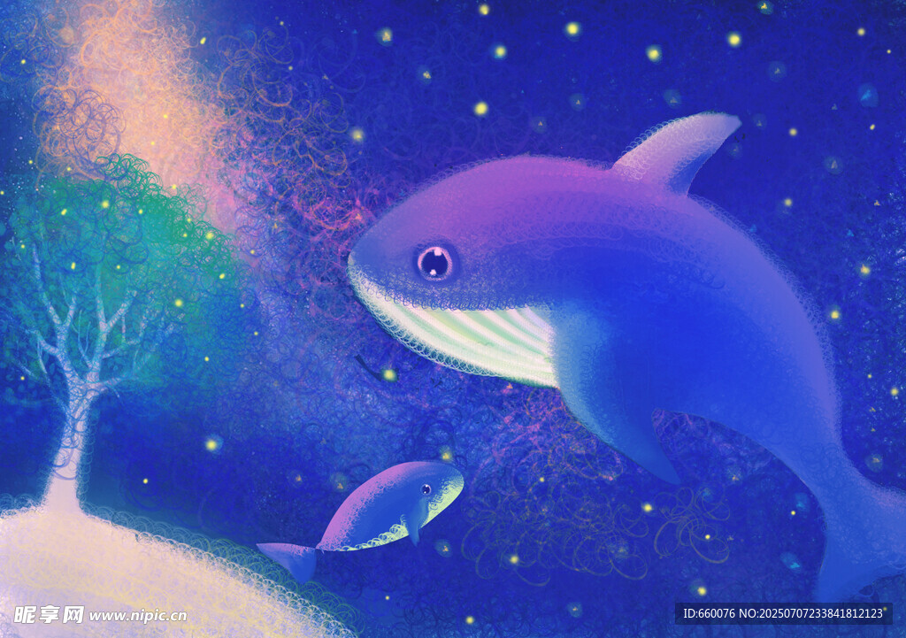 梦幻星空下的海豚奇幻景象