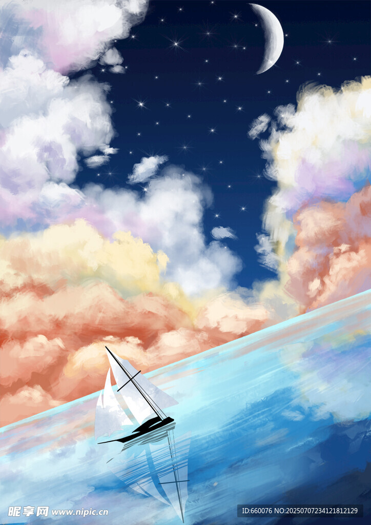 月夜下的海上帆船