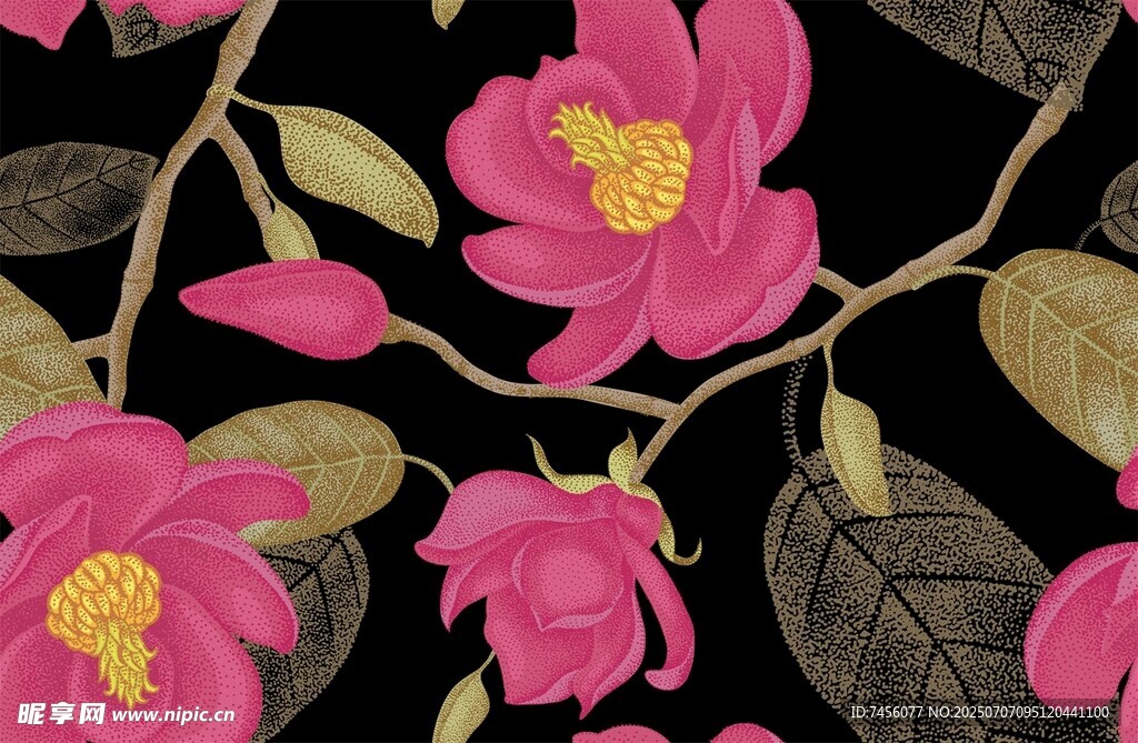 粉色花卉与绿叶图案设计