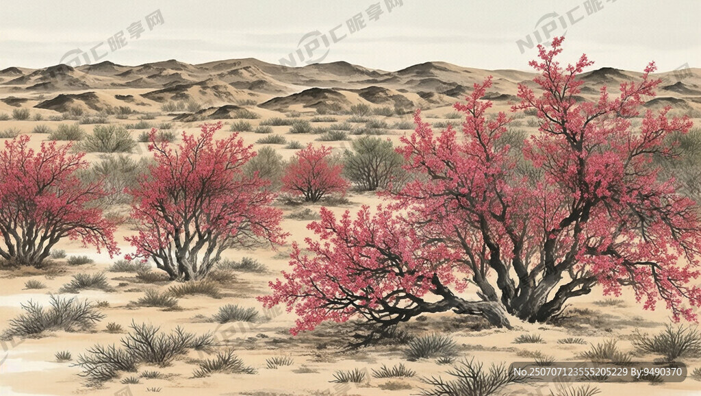 水墨画风格 戈壁荒漠 红柳树