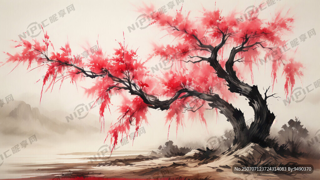 水墨画风格 戈壁荒漠 红柳树