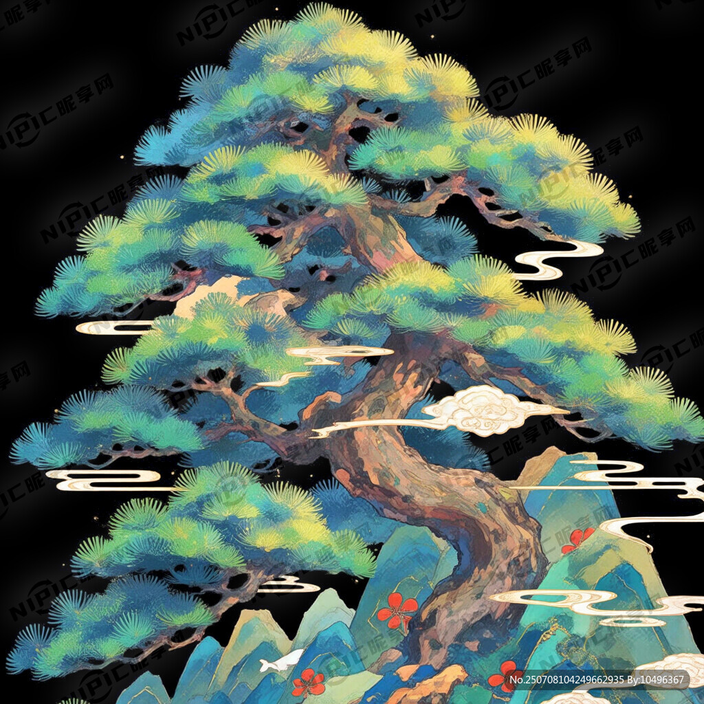 松树 国潮风 背景全黑