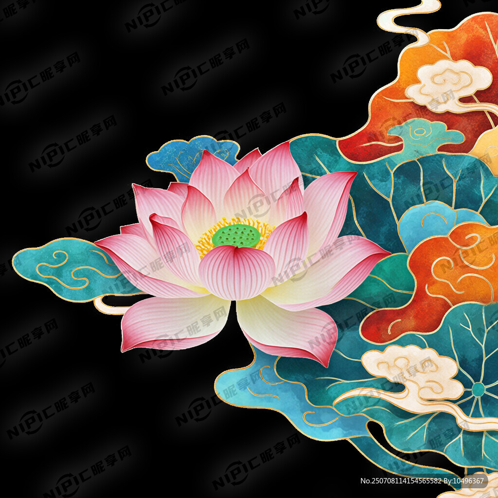 荷花  国潮风 背景全黑