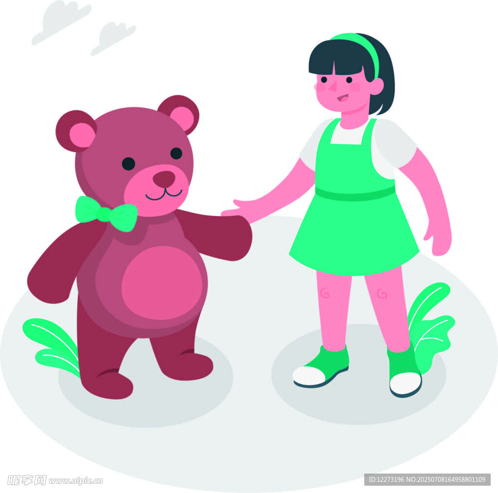 女孩与小熊牵手的温馨画面