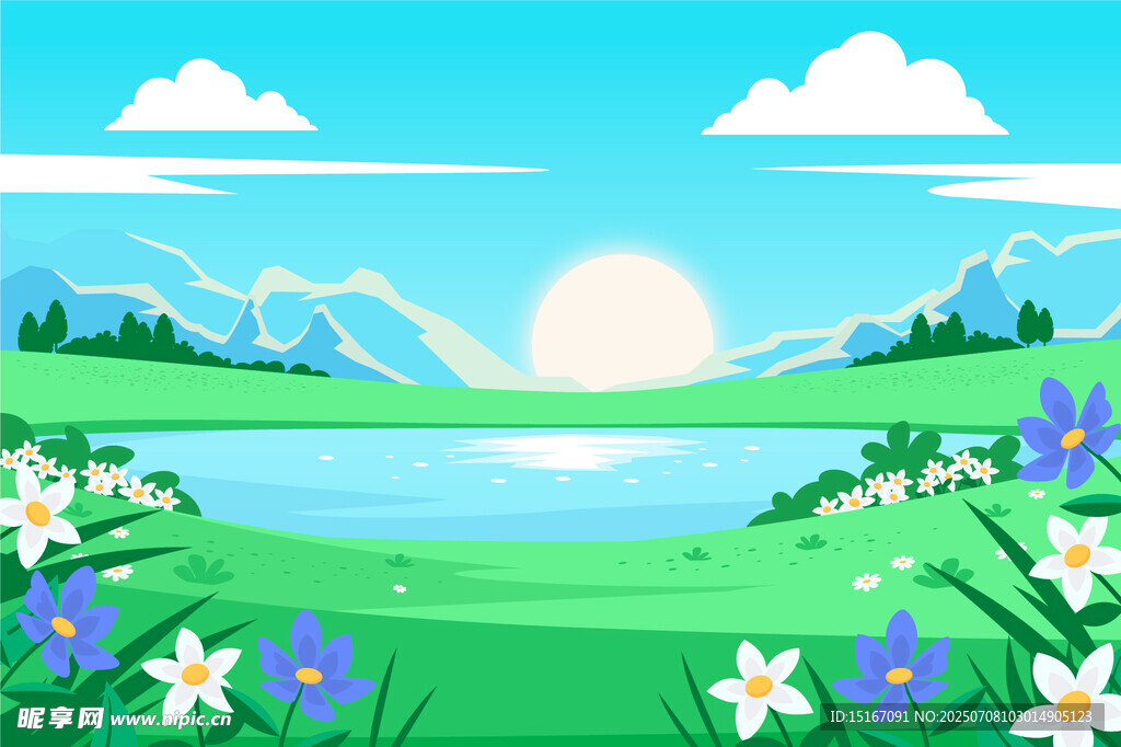 春日绿野繁花风景图